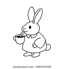 Rabbit take a cup of tea vector line art illustration icon logo