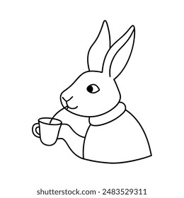 Rabbit take a cup of tea vector line art illustration icon logo