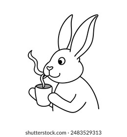 Rabbit take a cup of tea vector line art illustration icon logo