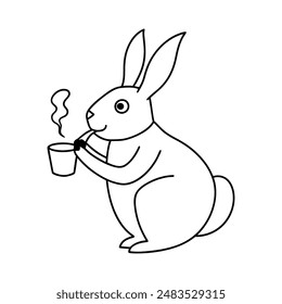 Rabbit take a cup of tea vector line art illustration icon logo