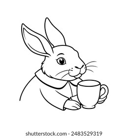 Rabbit take a cup of tea vector line art illustration icon logo