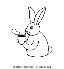 Rabbit take a cup of tea vector line art illustration icon logo