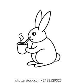 Rabbit take a cup of tea vector line art illustration icon logo