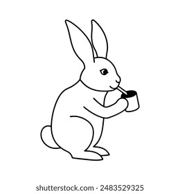 Rabbit take a cup of tea vector line art illustration icon logo