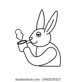 Rabbit take a cup of tea vector line art illustration icon logo