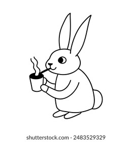 Rabbit take a cup of tea vector line art illustration icon logo