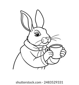 Rabbit take a cup of tea vector line art illustration icon logo