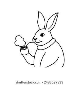 Rabbit take a cup of tea vector line art illustration icon logo