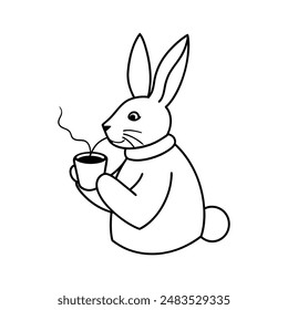 Rabbit take a cup of tea vector line art illustration icon logo