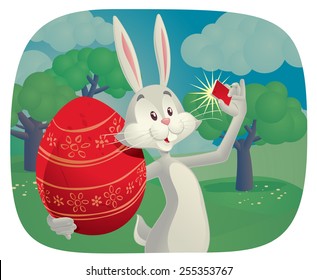 Rabbit Takes Selfie with Easter Egg Vector Cartoon - Vector cartoon of funny rabbit holding Easter egg and taking a picture 