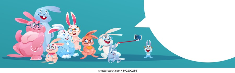 Rabbit Taking Selfie Photo Easter Holiday Bunny Group Greeting Card Flat Vector Illustration