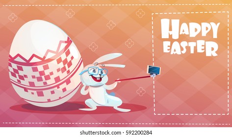Rabbit Taking Selfie Photo Easter Holiday Bunny Decorated Eggs Greeting Card Flat Vector Illustration