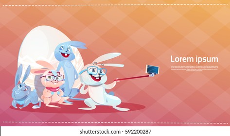 Rabbit Taking Selfie Photo Easter Holiday Bunny Decorated Eggs Greeting Card Flat Vector Illustration