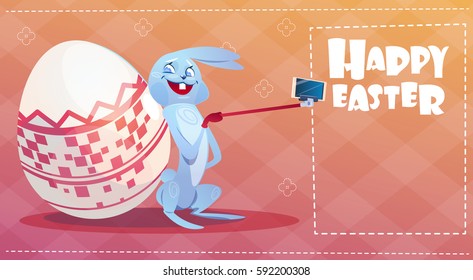 Rabbit Taking Selfie Photo Easter Holiday Bunny Decorated Eggs Greeting Card Flat Vector Illustration