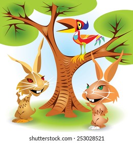 Rabbit tale with cockatoo bird
