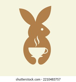 Rabbit Tea Logo Negative Space Concept Vector Template. Rabbit Holding Tea Cup Symbol