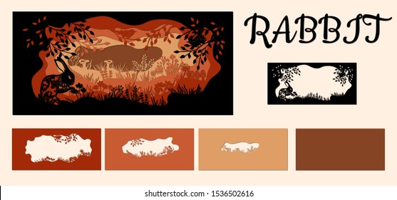 Rabbit. Template hare in a clearing for laser cutting out of paper. Line with mushrooms, grass, and butterflies, wood and flowers. For decoration and design. Template for laser cutting and Plotter. Ve