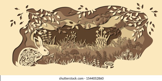 Rabbit. Template hare in a clearing for laser cutting out of paper. Line with mushrooms, grass, and butterflies, wood and flowers. For decoration and design. Template for laser cutting and Plotter. Ve