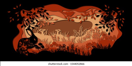 Rabbit. Template hare in a clearing for laser cutting out of paper. Line with mushrooms, grass, and butterflies, wood and flowers. For decoration and design. Template for laser cutting and Plotter. Ve