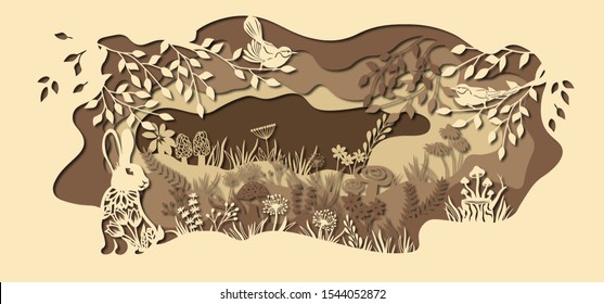 Rabbit. Template hare in a clearing for laser cutting out of paper. Line with mushrooms, grass, and butterflies, wood and flowers. For decoration and design. Template for laser cutting and Plotter. Ve