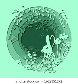 Rabbit. Template hare in a clearing for laser cutting out of paper. Line with mushrooms, grass, and butterflies, wood and flowers. For decoration and design. Template for laser cutting and Plotter. Ve