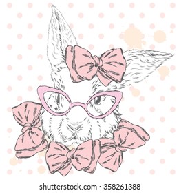 Rabbit in a tie, and glasses. Honey Bunny . Hipster. Print . Animal vector . 