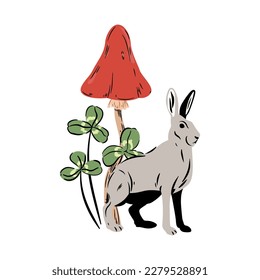 Rabbit, toadstool and clover. Hare, mushroom with red hat and four-leaf clover. Forest botanical composition.