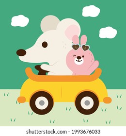 The rabbit took the mouse, who had bought a new car, to learn to drive. The rabbit taught me to drive calmly until the mouse became better at driving. The rabbit smiled happily. 