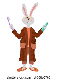 Rabbit with toothbrush and toothpaste. Cartoon character of bunny. Vector clip-art illustration on a white background