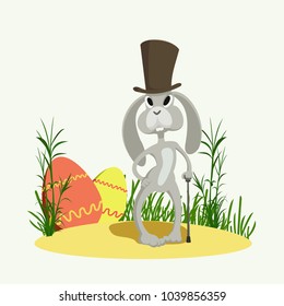 rabbit in a top hat with a cane standing against the background of Easter eggs and a tall grass, easter