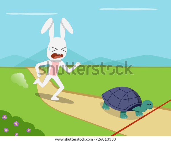 Rabbit and\
tortoise go to finish line, vector\
design