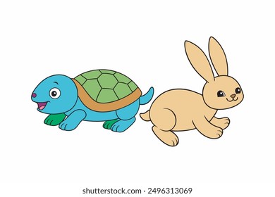 Rabbit and a Tortoise running with happy expression vector artwork