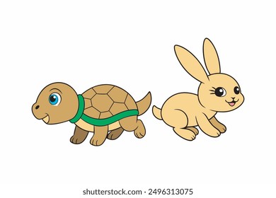 Rabbit and a Tortoise running with happy expression vector artwork