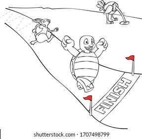 rabbit and tortoise running race at a finish line, also an ostrich with its head in the ground