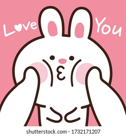The rabbit was touching it's cheeks cartoon. Animal character design. Kid graphic. "Love you" text. Kawaii. Vector.Illustration.