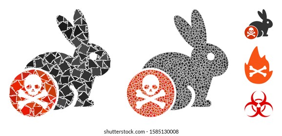 Rabbit toxin icon mosaic of uneven pieces in various sizes and color hues, based on rabbit toxin icon. Vector rugged pieces are combined into mosaic. Rabbit toxin icons collage with dotted pattern.