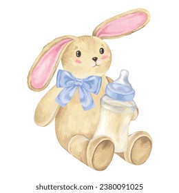 Juguete de conejo por niño. Ilustración vectorial de una caricatura Bunny con una botella de leche. Dibujo acuarela de liebre linda. Para impresiones en la fiesta de la ducha de bebé. Imágenes prediseñadas gráficas dibujadas a mano sobre fondo aislado