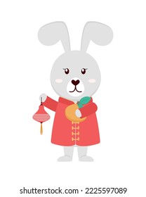 Rabbit in traditional Chinese dress with a kumquat and a lantern in paws. Flat style.