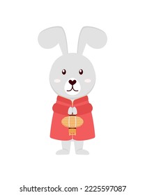 Rabbit in traditional Chinese dress with a lantern in paws. Flat style.