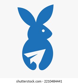 Rabbit Travel Logo Negative Space Concept Vector Template. Rabbit Holding Paper Plane Symbol