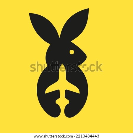 Rabbit Travel Logo Negative Space Concept Vector Template. Rabbit Holding Airplane Symbol