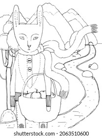 Rabbit traveler with an Easter basket on the background of mountains and rivers. Coloring book, coloring pages. Easter theme, vintage. Pastel colors. Vintage postcard. Vector.