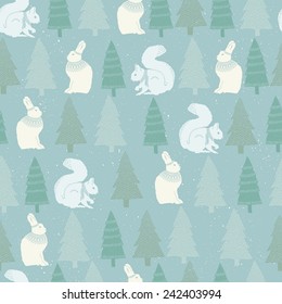 Rabbit and tree pattern with snow background