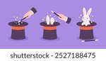 Rabbit trick. Wizard cylinders and magic wand, popular illusionist show tricks with bunny ears and magician cylinder. Conjure use, racy vector scene
