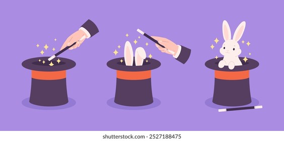 Rabbit trick. Wizard cylinders and magic wand, popular illusionist show tricks with bunny ears and magician cylinder. Conjure use, racy vector scene