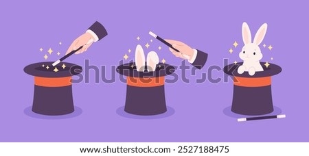 Rabbit trick. Wizard cylinders and magic wand, popular illusionist show tricks with bunny ears and magician cylinder. Conjure use, racy vector scene