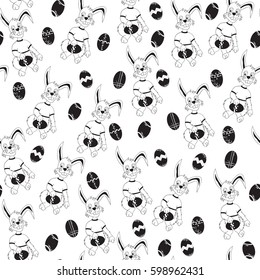 Rabbit in a t-shirt. Easter eggs. Bright, colored. Christian holiday. Freehand sketch. Black-white illustration. Seamless patern.
