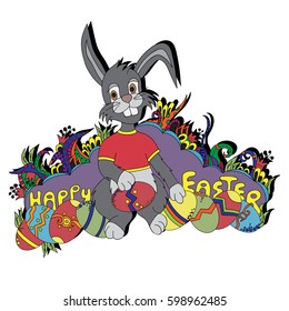 Rabbit in a t-shirt. Easter eggs. Bright, colored. Christian holiday. Freehand sketch. Happy easter.