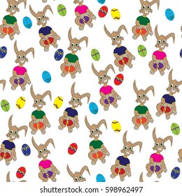 Rabbit in a t-shirt. Easter eggs. Bright, colored. Christian holiday. Freehand sketch. Seamless patern.