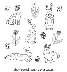 Rabbit, tulip, egg vector illustrations line set